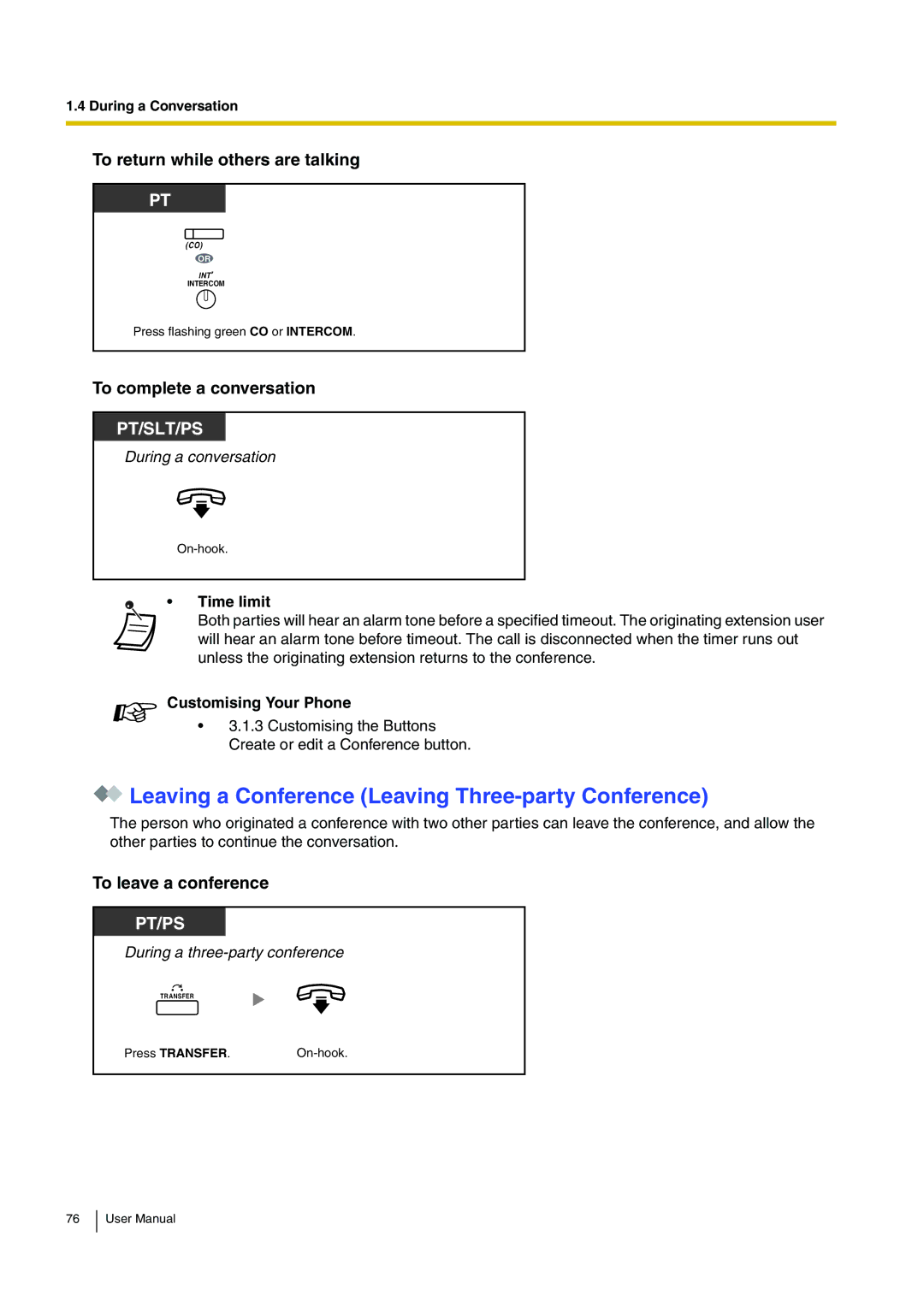 Panasonic KX-TDA200 user manual Leaving a Conference Leaving Three-party Conference, To return while others are talking 