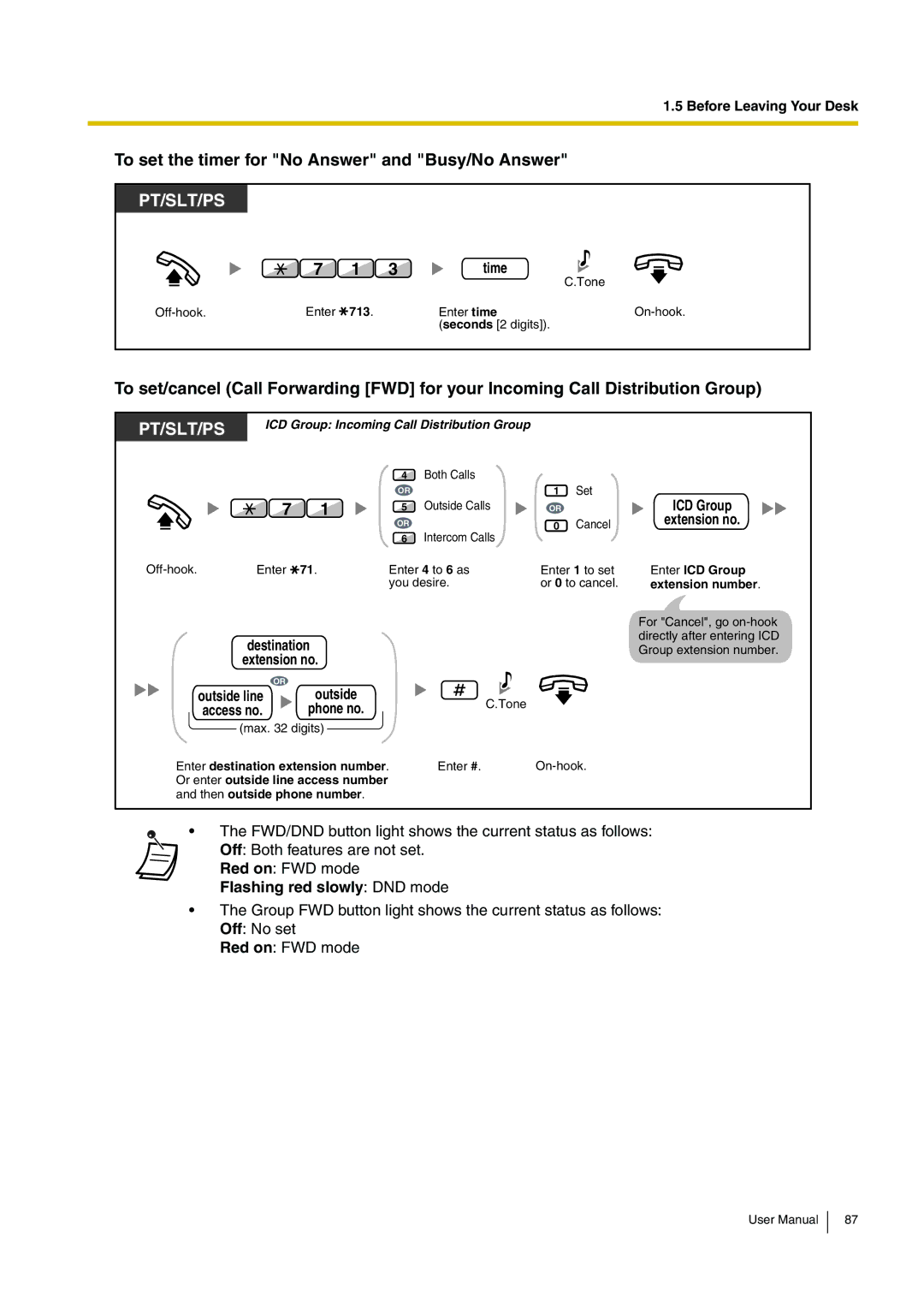 Panasonic KX-TDA200 user manual To set the timer for No Answer and Busy/No Answer, Time, ICD Group Extension no 