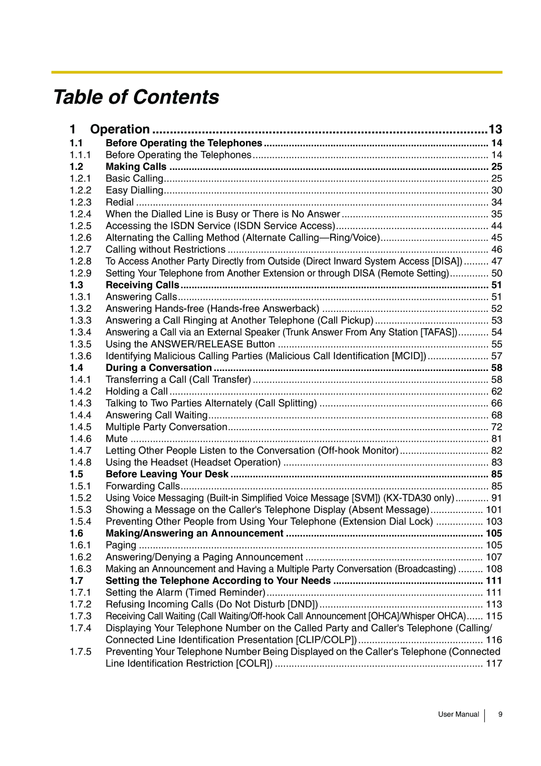 Panasonic KX-TDA200 user manual Table of Contents 