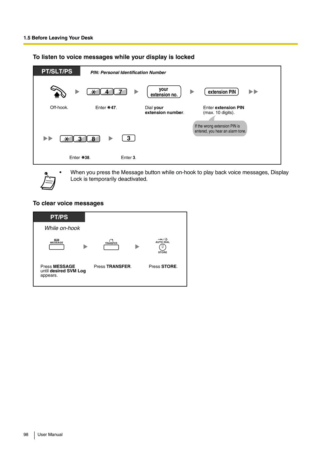 Panasonic KX-TDA200 To listen to voice messages while your display is locked, To clear voice messages, Your Extension PIN 