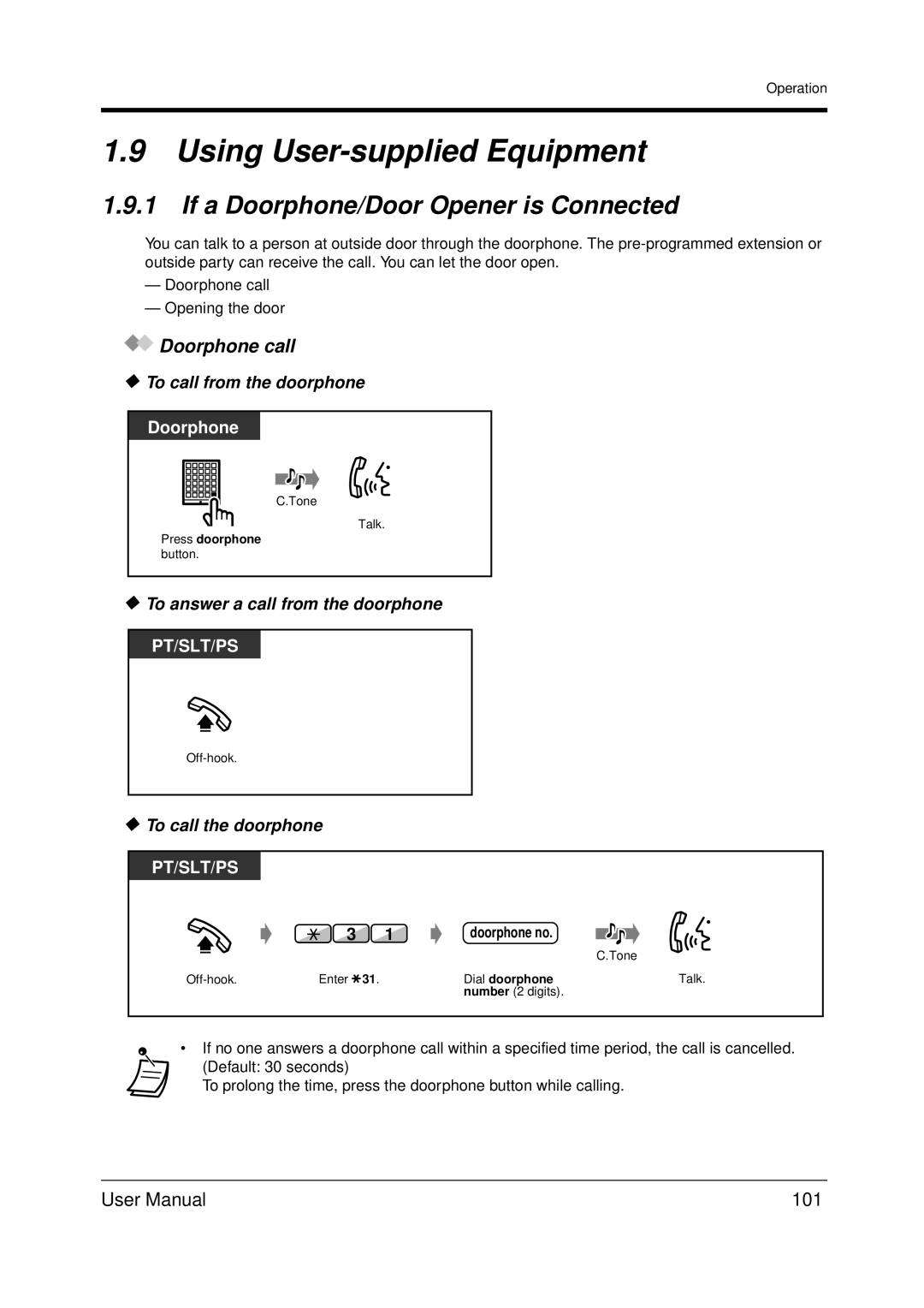 Panasonic KX-TDA200 user manual Using User-supplied Equipment, If a Doorphone/Door Opener is Connected, Doorphone call, 101 