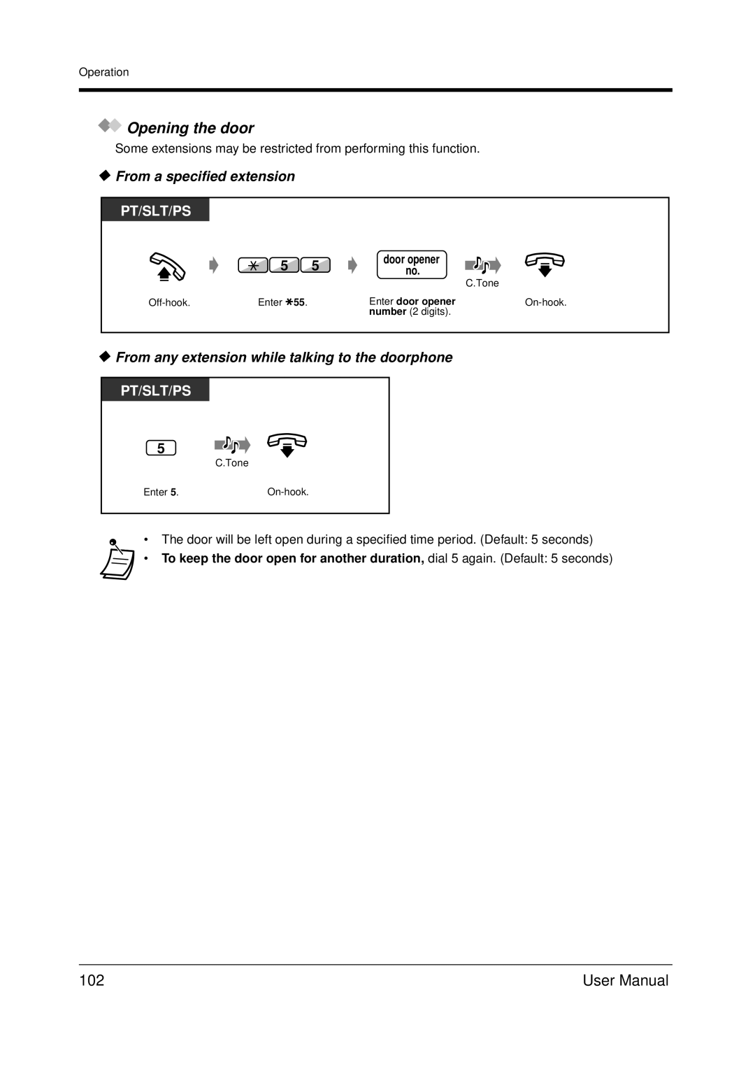 Panasonic KX-TDA200 Opening the door, 102, From a specified extension, From any extension while talking to the doorphone 