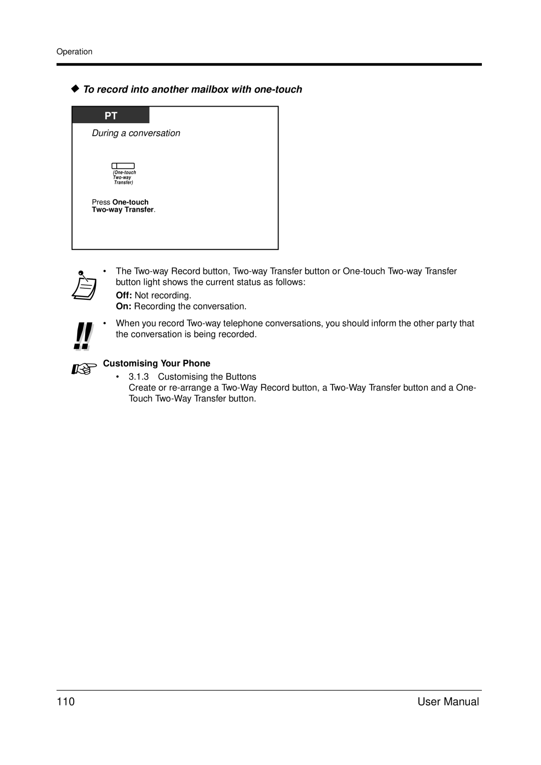 Panasonic KX-TDA200 user manual 110, To record into another mailbox with one-touch 