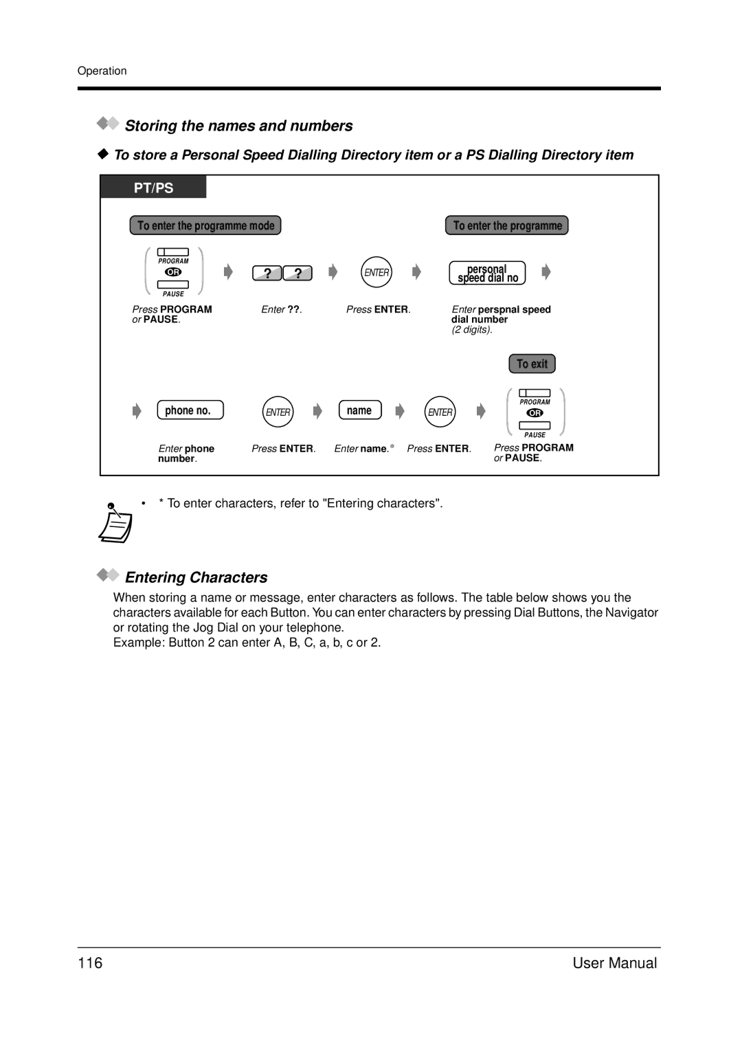 Panasonic KX-TDA200 user manual Storing the names and numbers, Entering Characters, 116, To exit, Phone no Name 