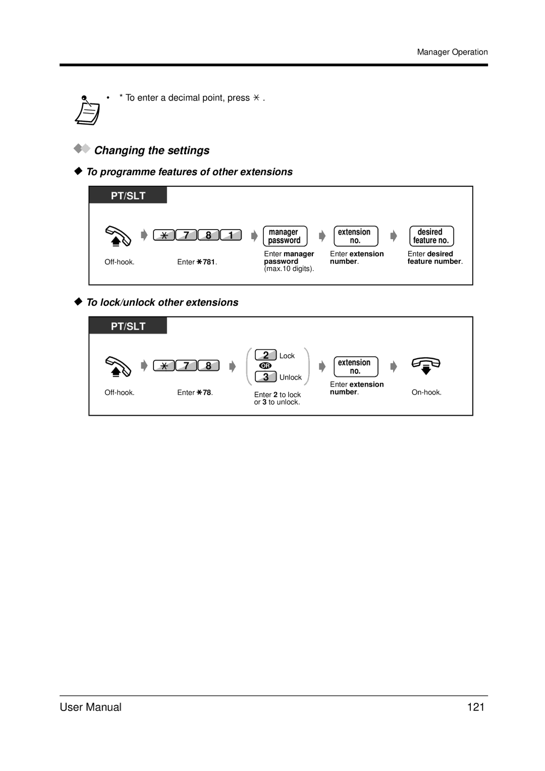 Panasonic KX-TDA200 Changing the settings, 121, To programme features of other extensions, To lock/unlock other extensions 