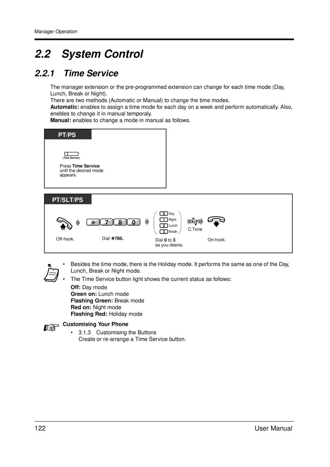 Panasonic KX-TDA200 user manual System Control, Time Service, 122, Flashing Red Holiday mode Customising Your Phone 