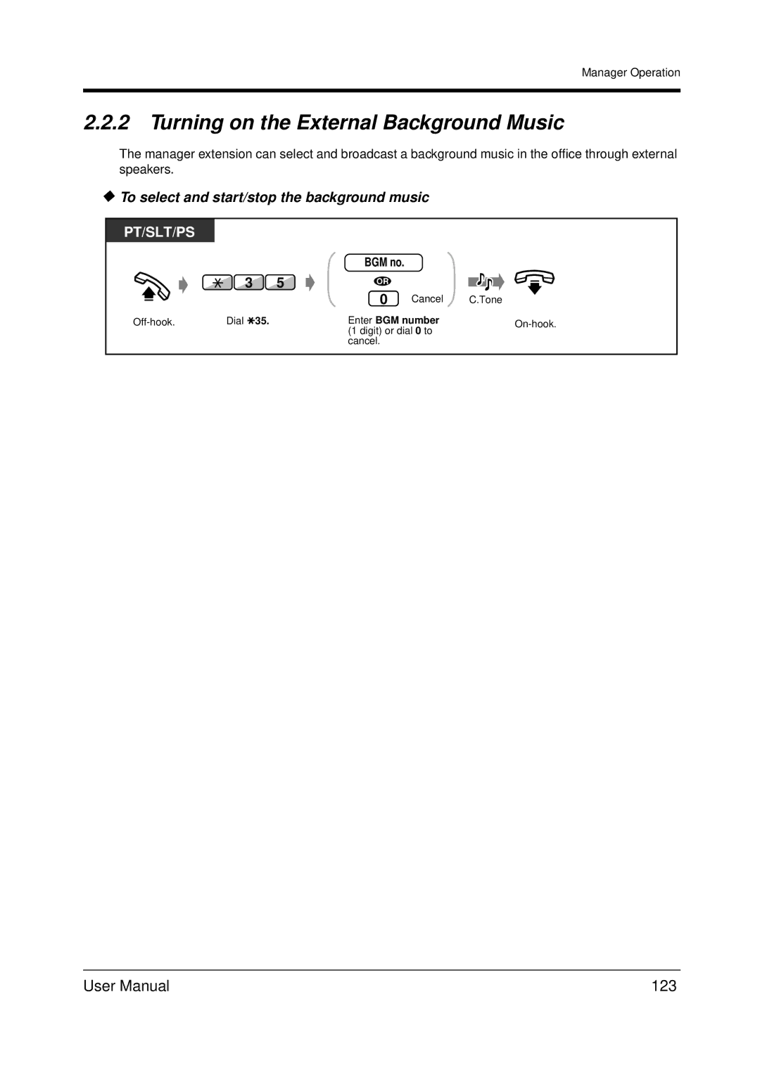 Panasonic KX-TDA200 Turning on the External Background Music, 123, To select and start/stop the background music 