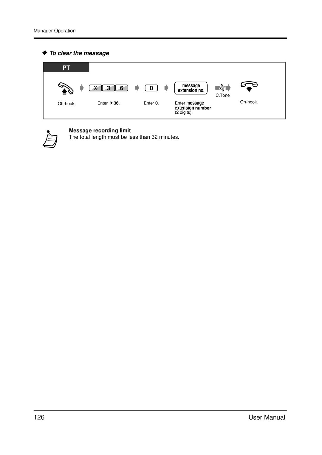 Panasonic KX-TDA200 user manual 126, To clear the message, Enter message, Message recording limit 