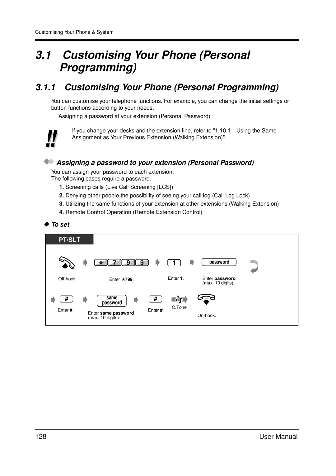 Panasonic KX-TDA200 Customising Your Phone Personal Programming, Assigning a password to your extension Personal Password 