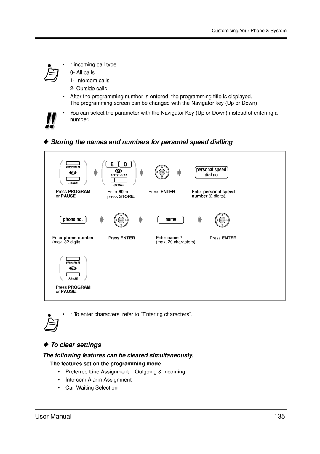 Panasonic KX-TDA200 user manual Storing the names and numbers for personal speed dialling, To clear settings, 135 