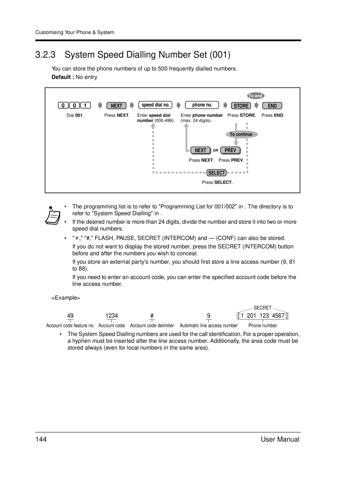 Panasonic KX-TDA200 user manual System Speed Dialling Number Set, 144, Default No entry 