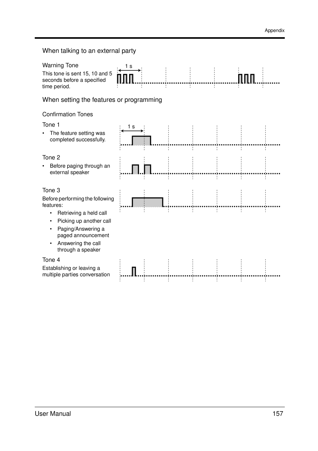 Panasonic KX-TDA200 When talking to an external party, When setting the features or programming, 157, Confirmation Tones 