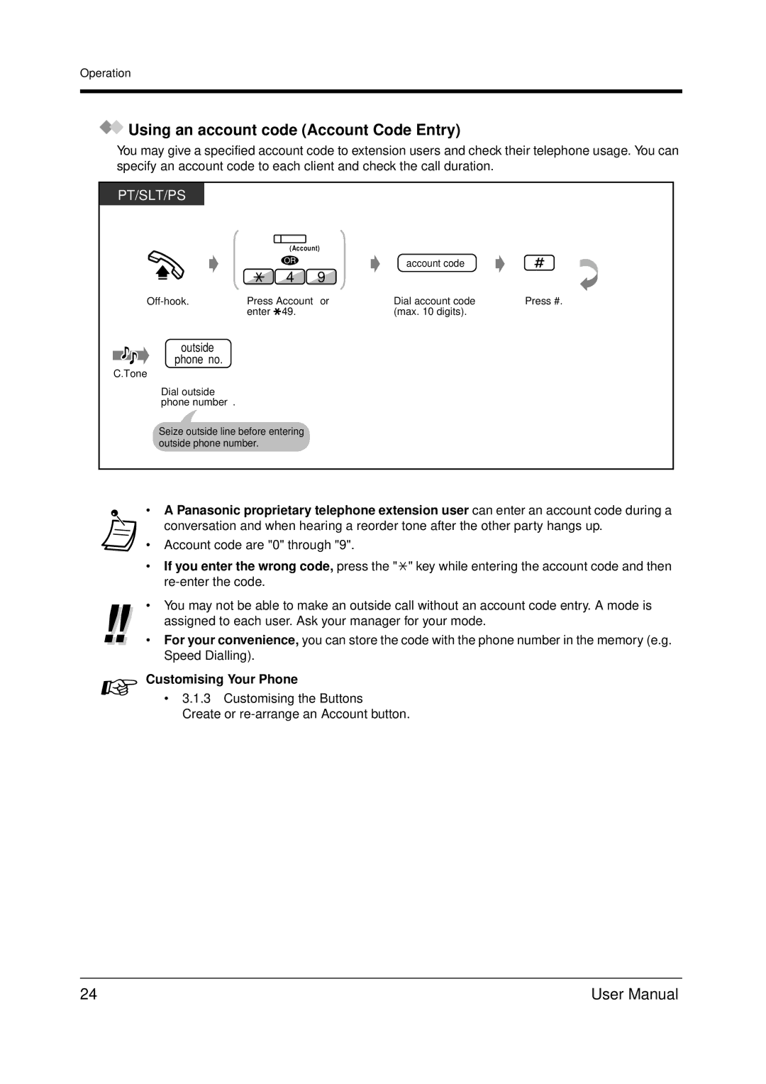 Panasonic KX-TDA200 user manual Using an account code Account Code Entry, Customising Your Phone 