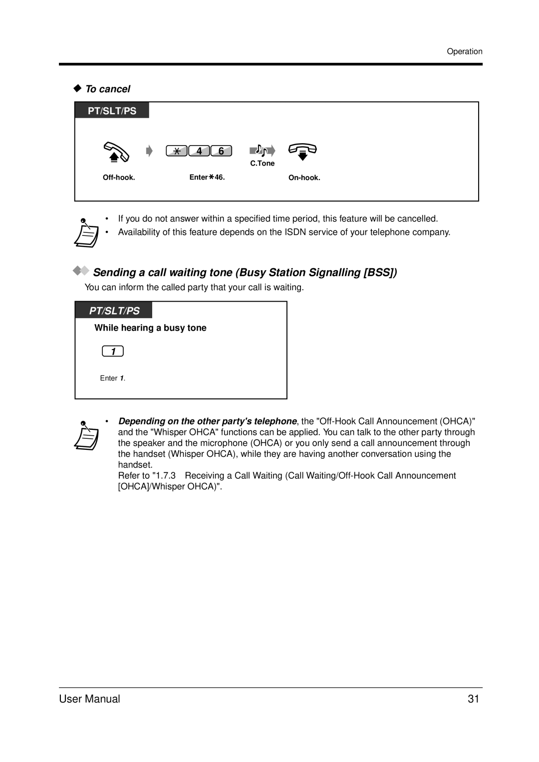 Panasonic KX-TDA200 user manual Sending a call waiting tone Busy Station Signalling BSS, To cancel 