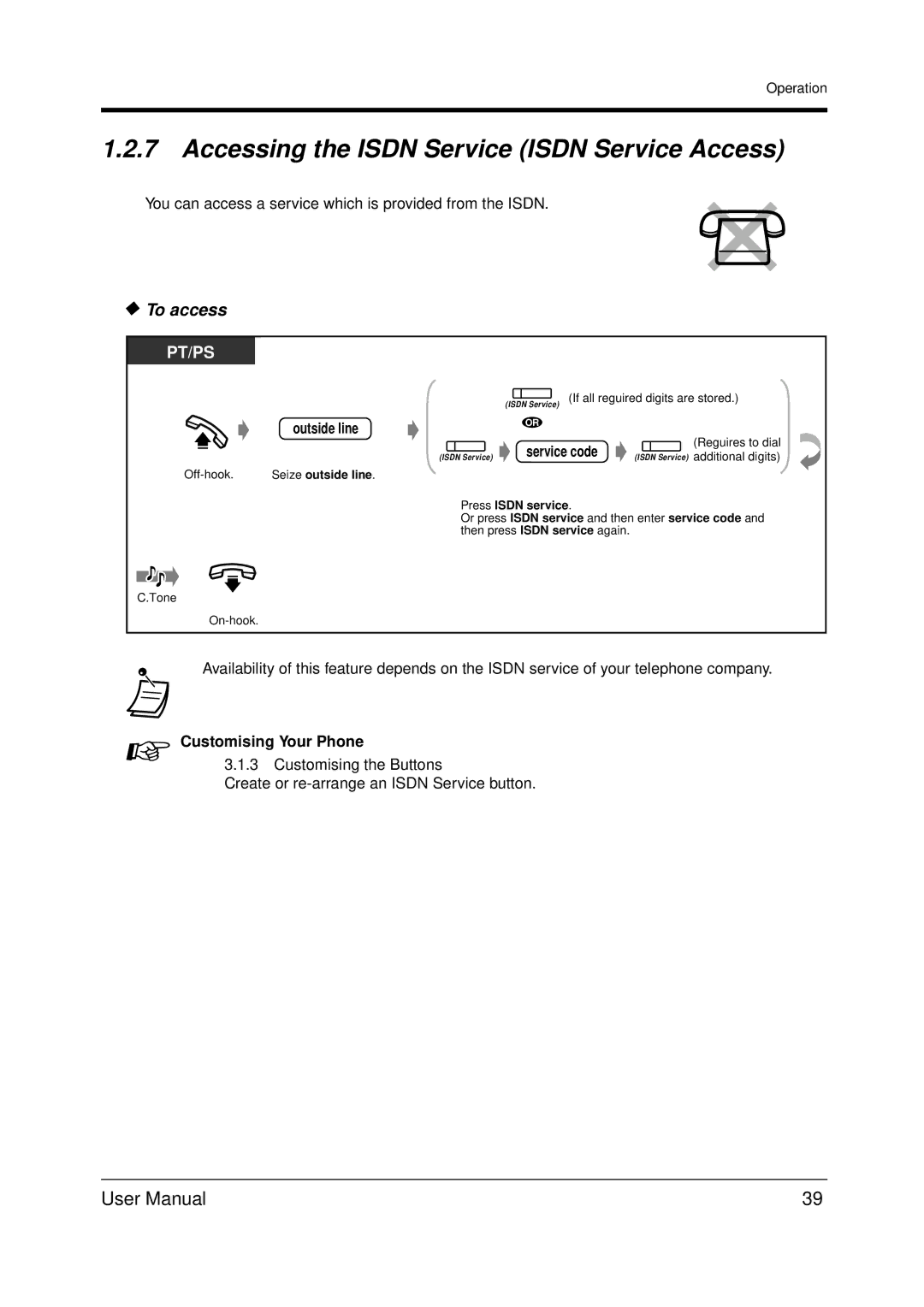 Panasonic KX-TDA200 user manual Accessing the Isdn Service Isdn Service Access, To access, Outside line 