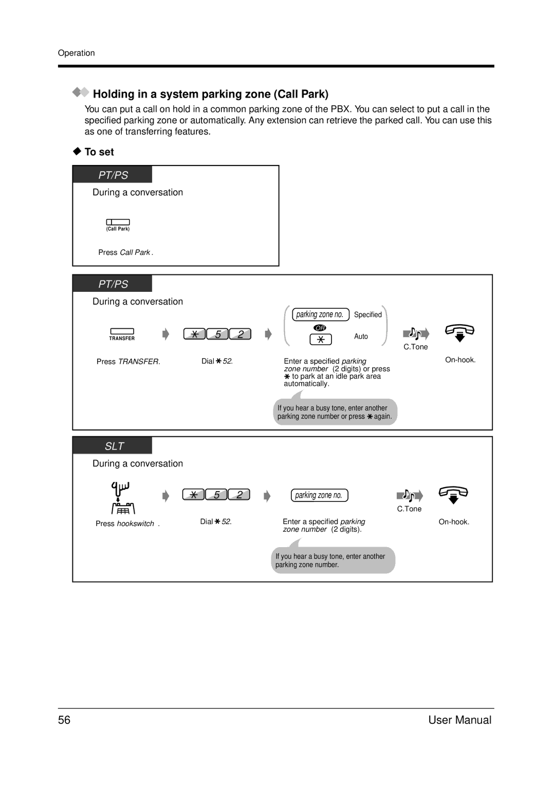 Panasonic KX-TDA200 user manual Holding in a system parking zone Call Park, Parking zone no. Specified 