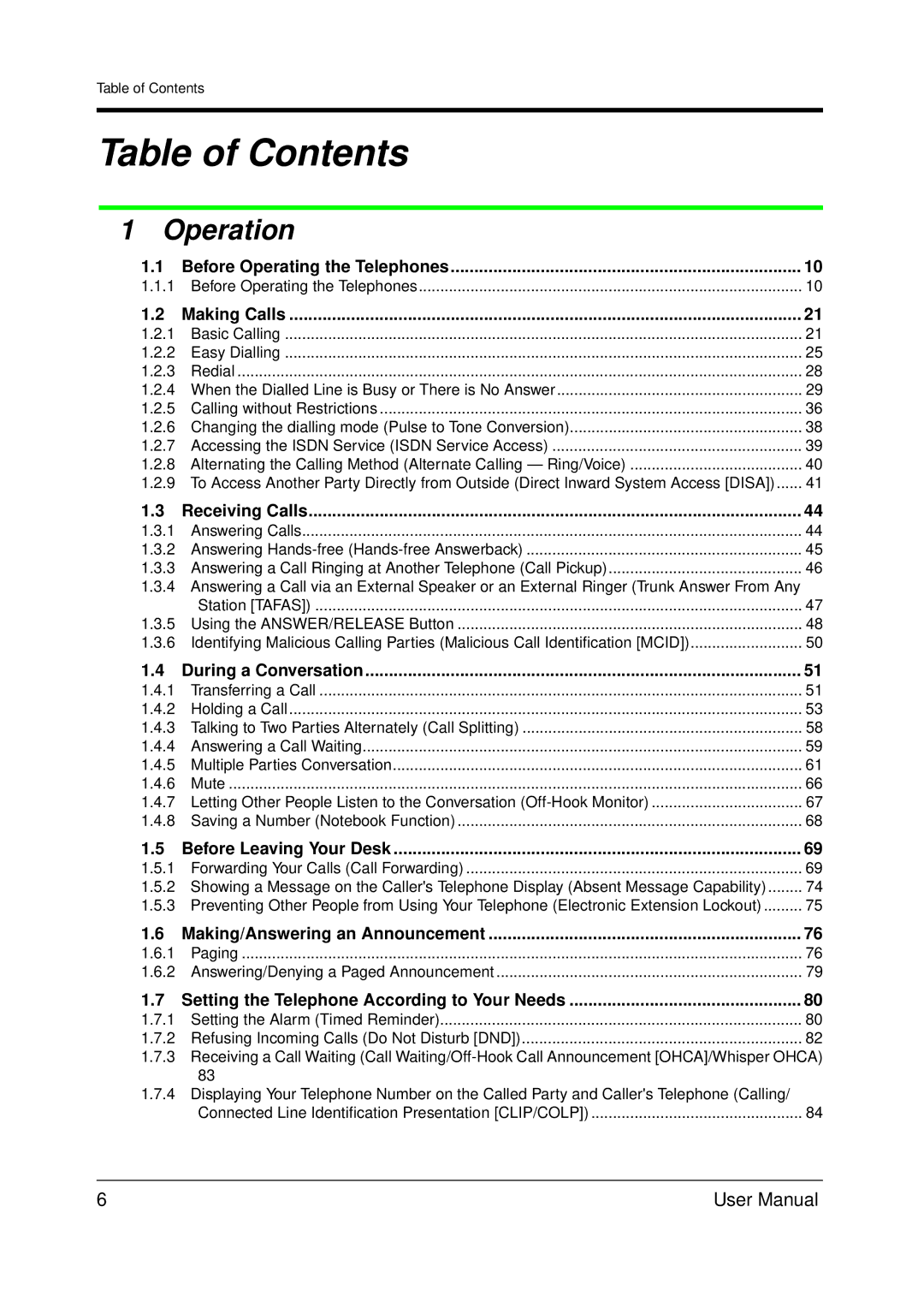 Panasonic KX-TDA200 user manual Table of Contents 