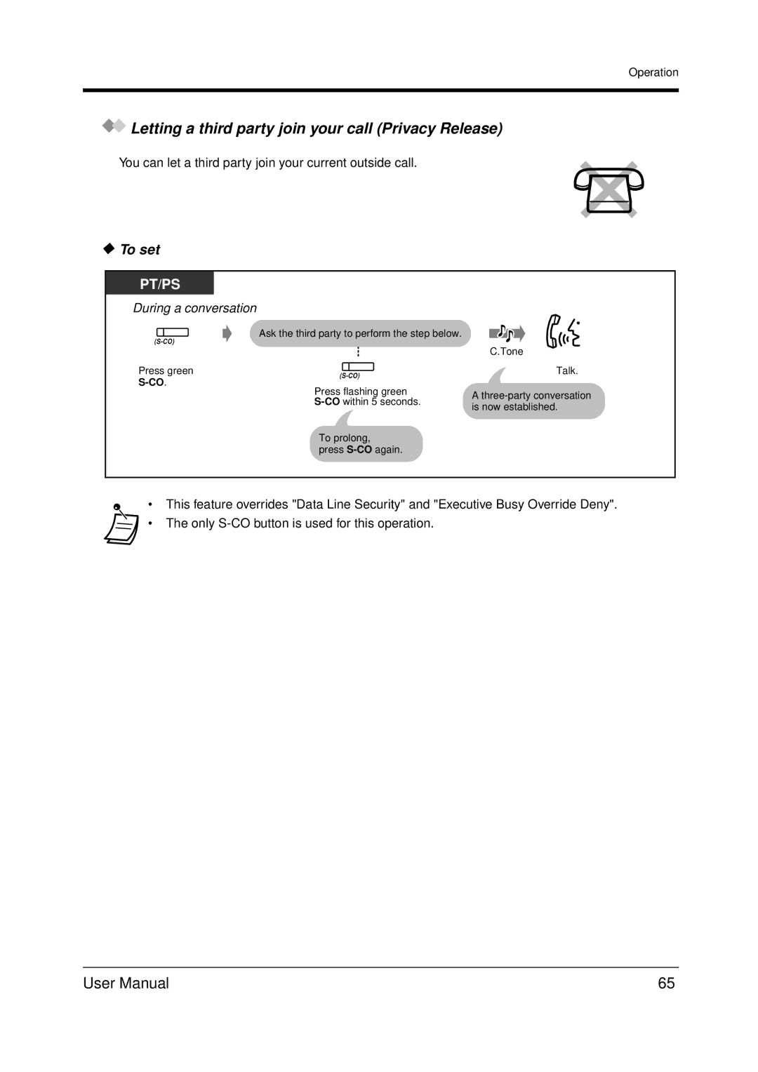 Panasonic KX-TDA200 user manual Letting a third party join your call Privacy Release, To set 