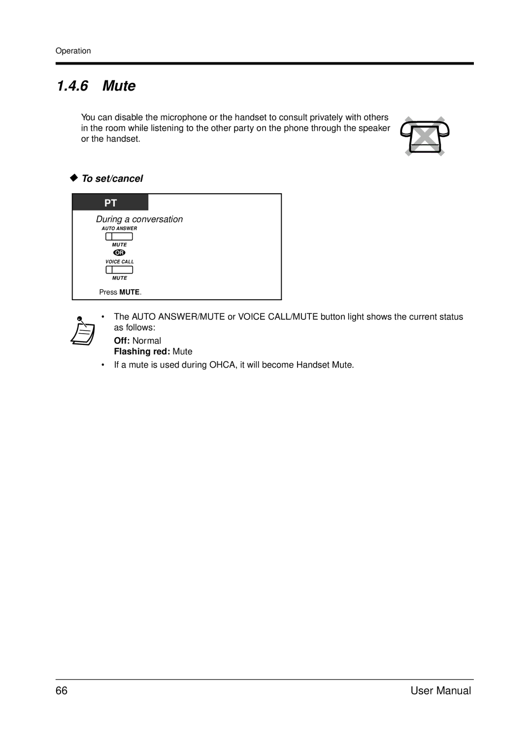 Panasonic KX-TDA200 user manual Flashing red Mute 