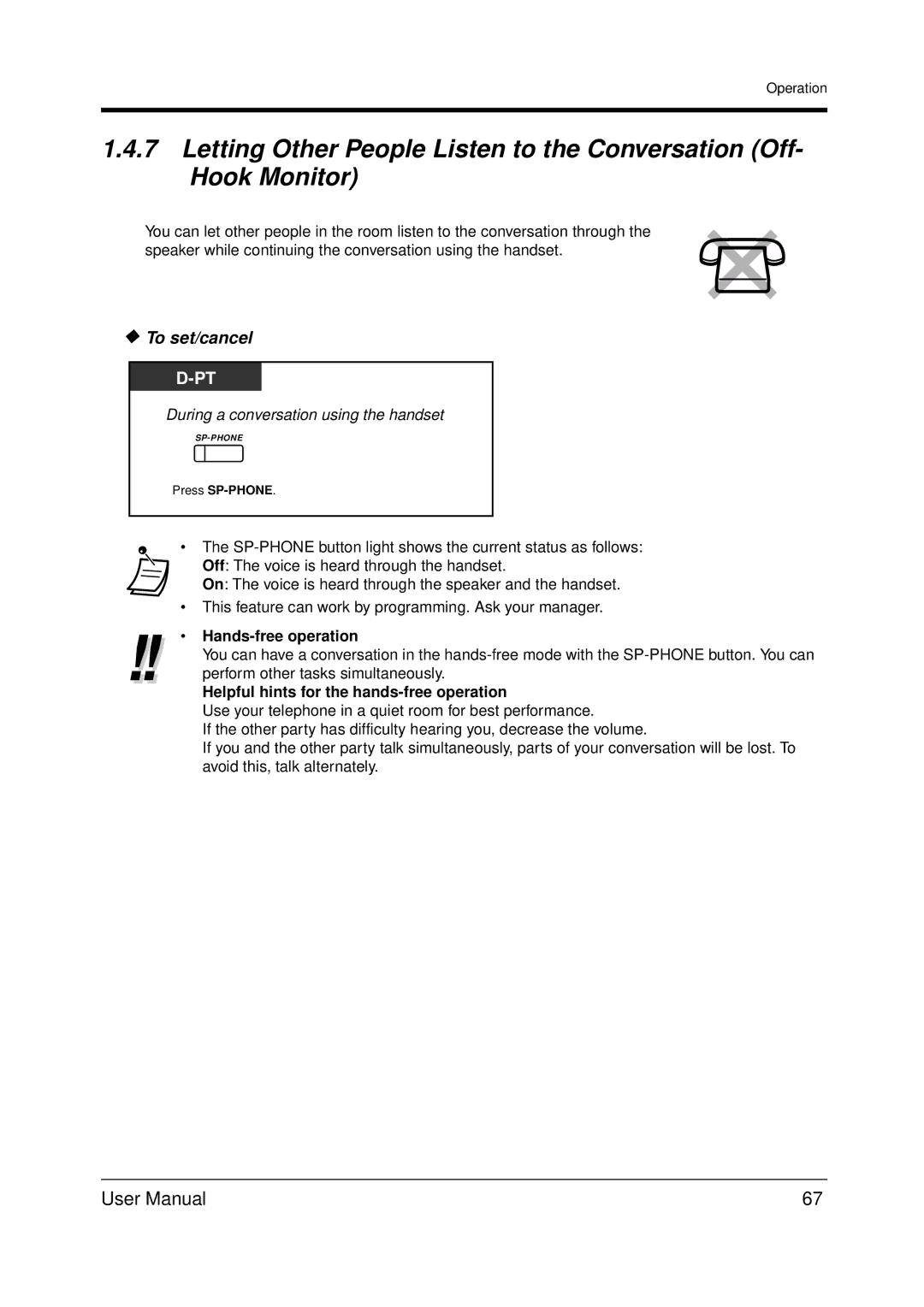 Panasonic KX-TDA200 user manual Hands-free operation, Helpful hints for the hands-free operation 