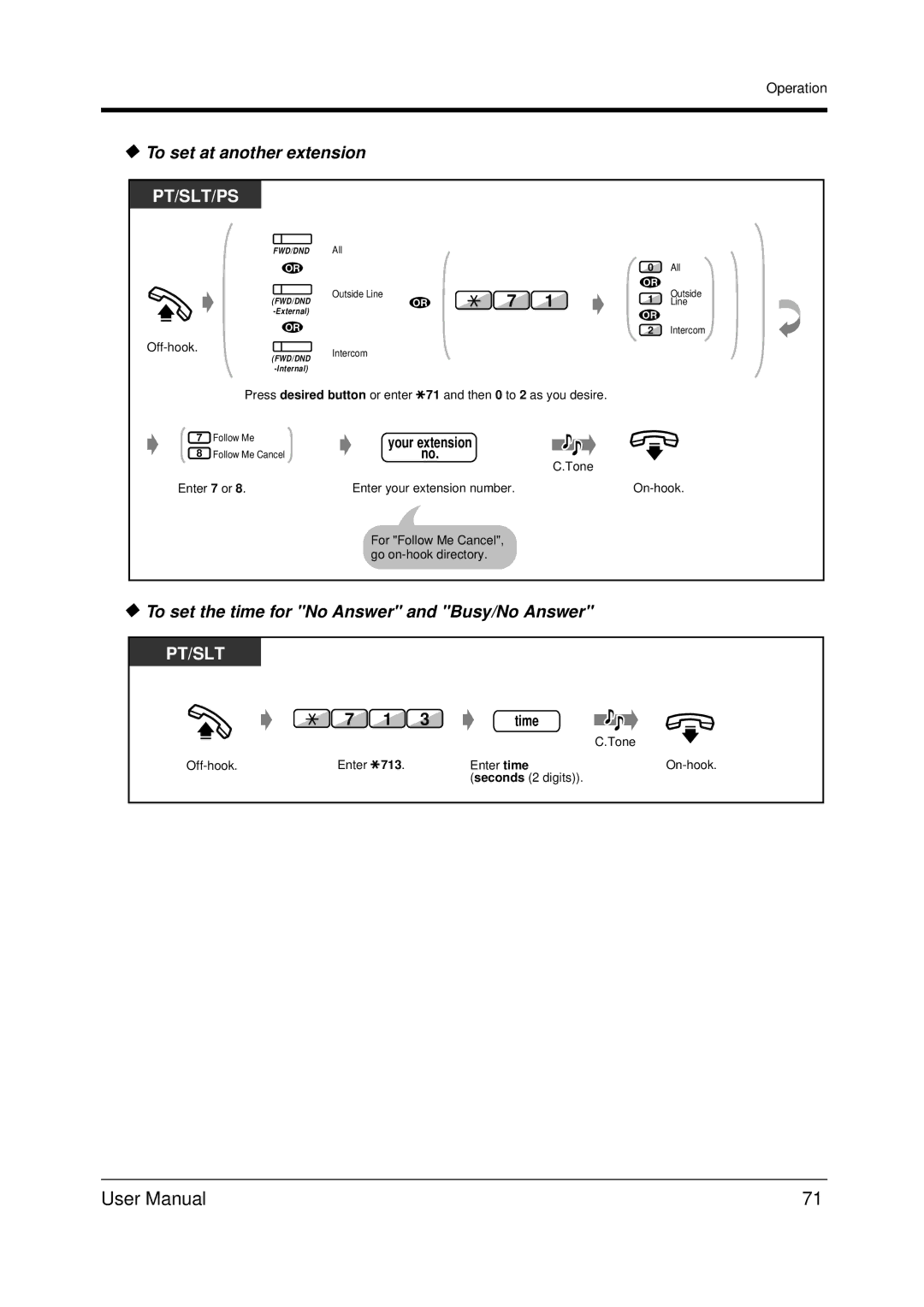 Panasonic KX-TDA200 user manual To set at another extension, To set the time for No Answer and Busy/No Answer, Time 