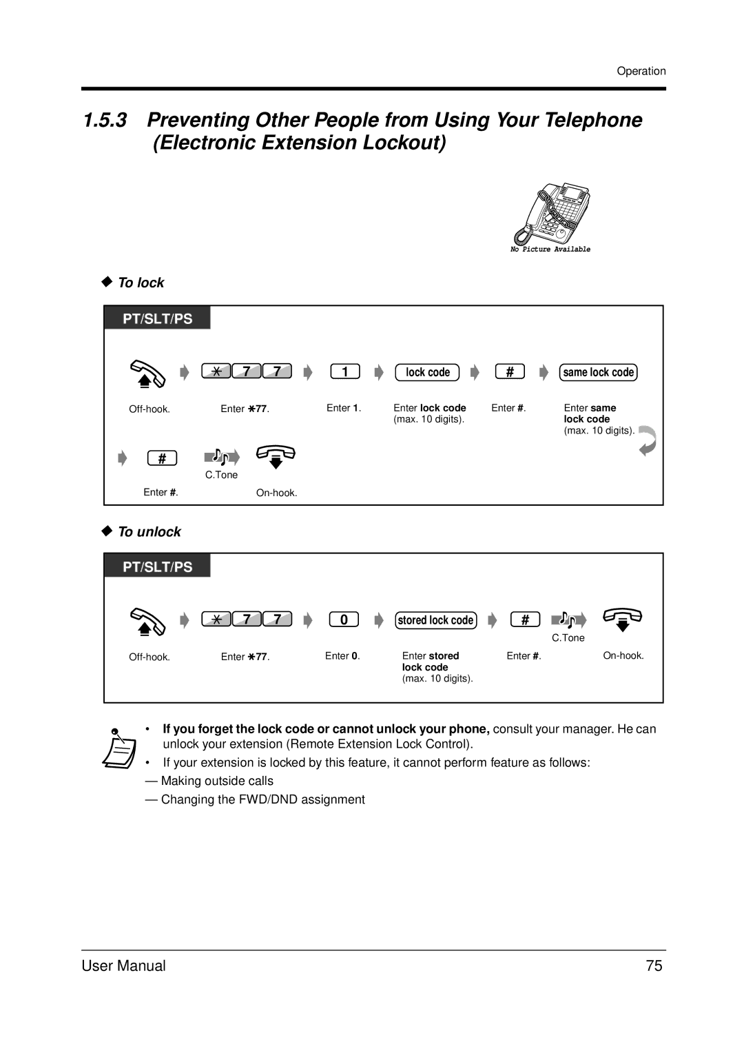 Panasonic KX-TDA200 user manual To lock, To unlock, Lock code, Stored lock code 