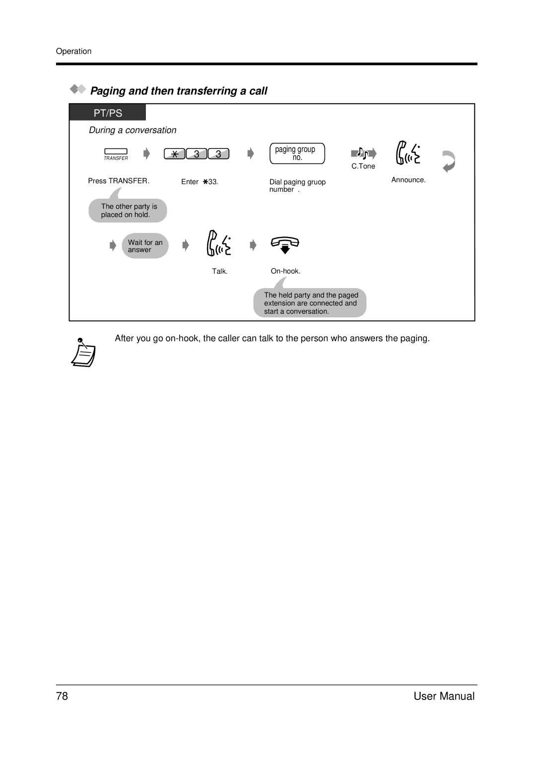 Panasonic KX-TDA200 user manual Paging and then transferring a call 