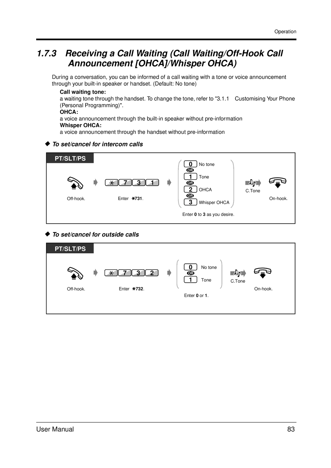 Panasonic KX-TDA200 To set/cancel for intercom calls, To set/cancel for outside calls, Call waiting tone, Whisper Ohca 