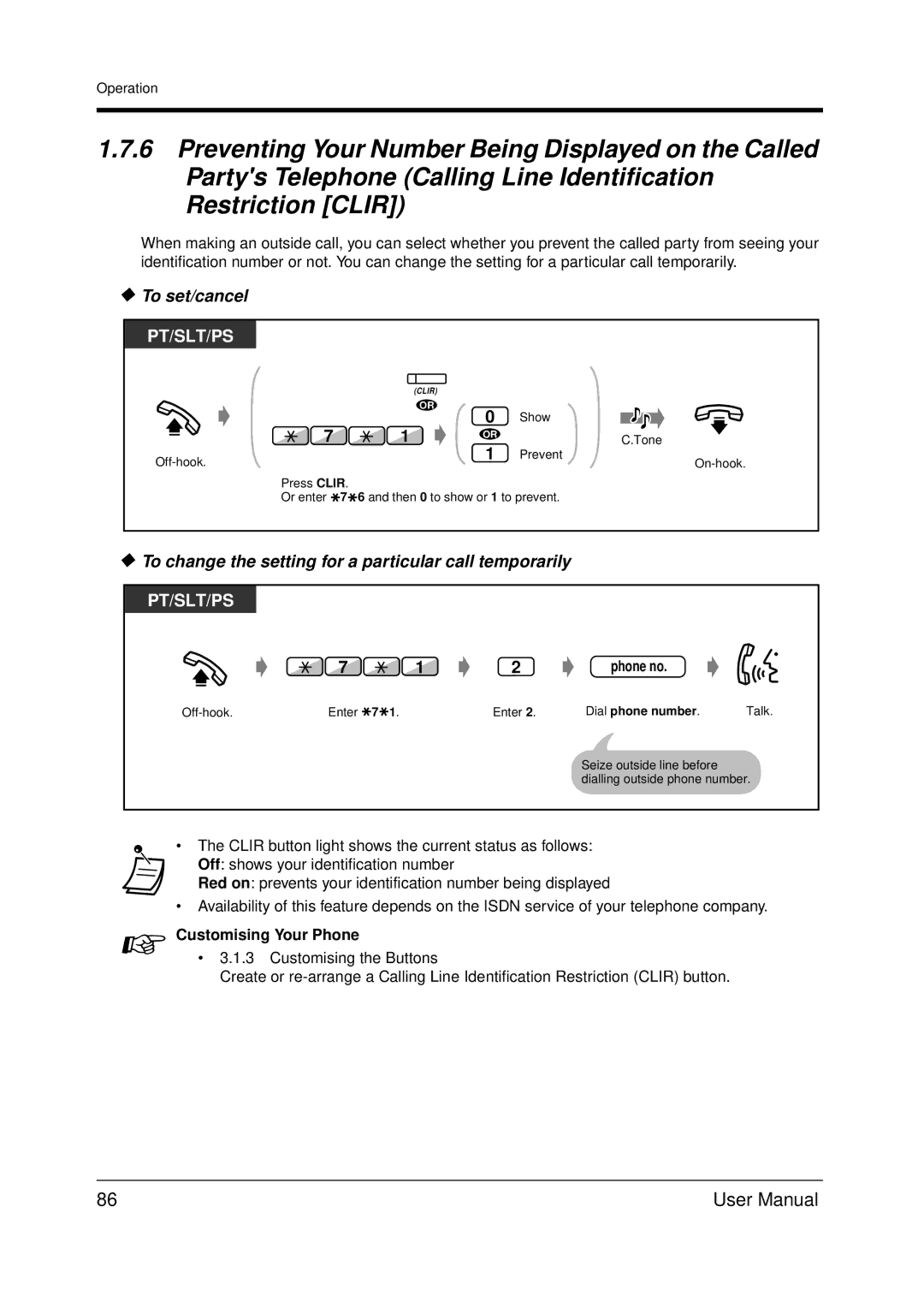 Panasonic KX-TDA200 user manual To set/cancel, To change the setting for a particular call temporarily 