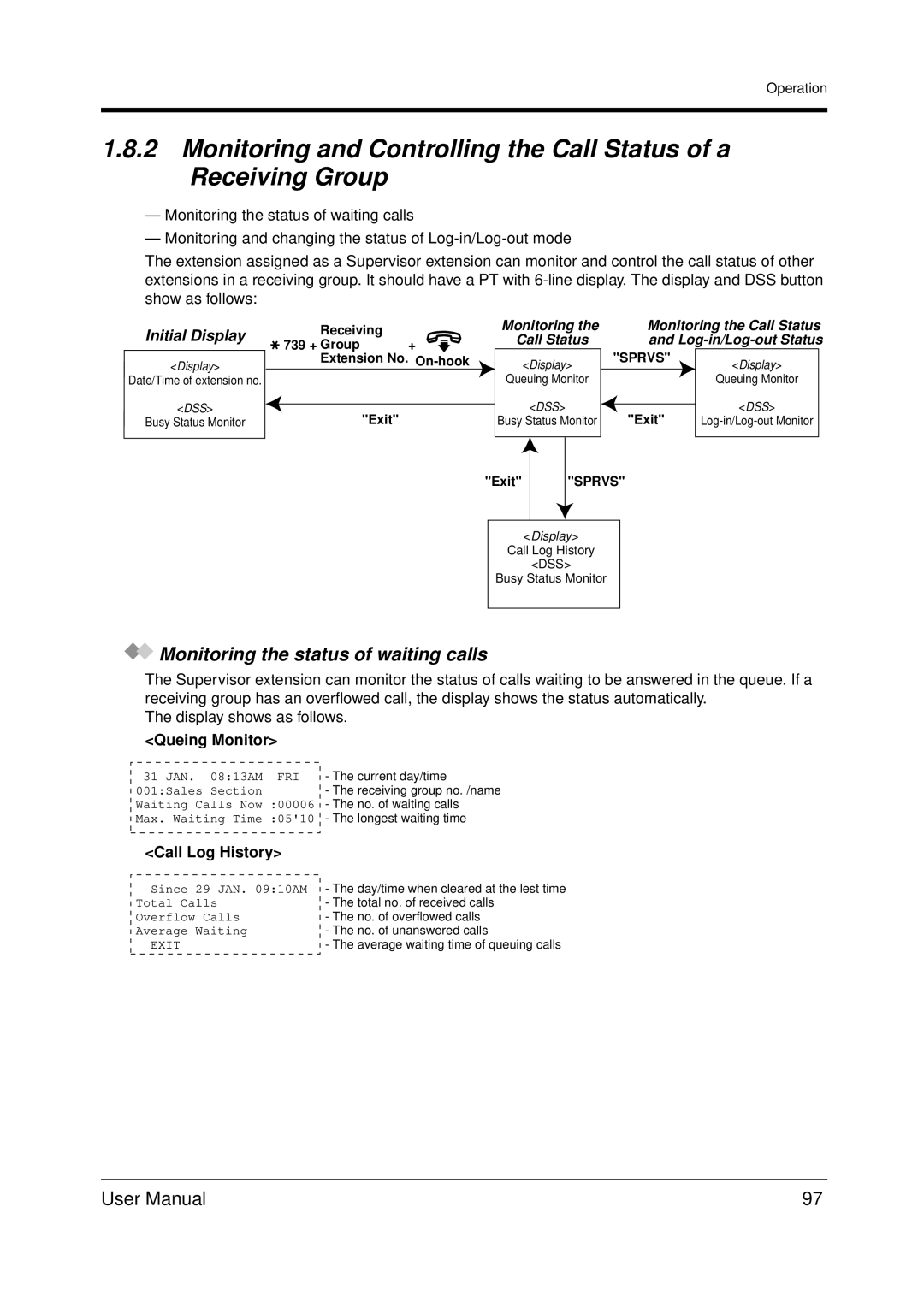 Panasonic KX-TDA200 user manual Monitoring the status of waiting calls, Queing Monitor, Call Log History 