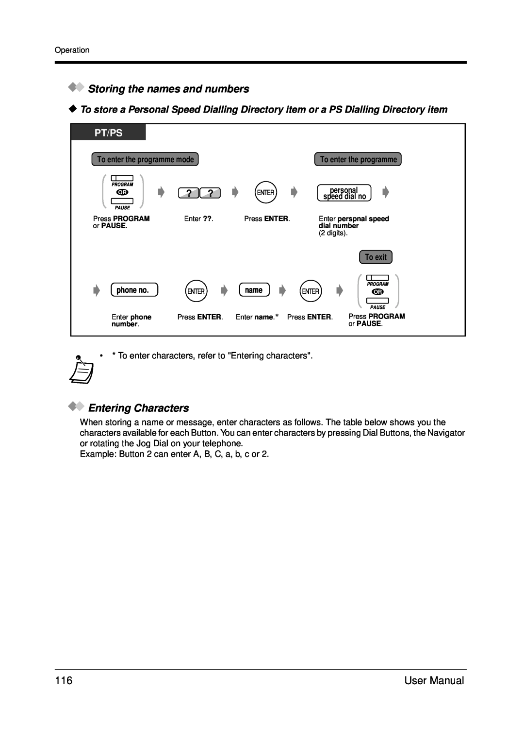 Panasonic KX-TDA200 user manual Storing the names and numbers, Entering Characters, Pt/Ps, To exit, phone no 