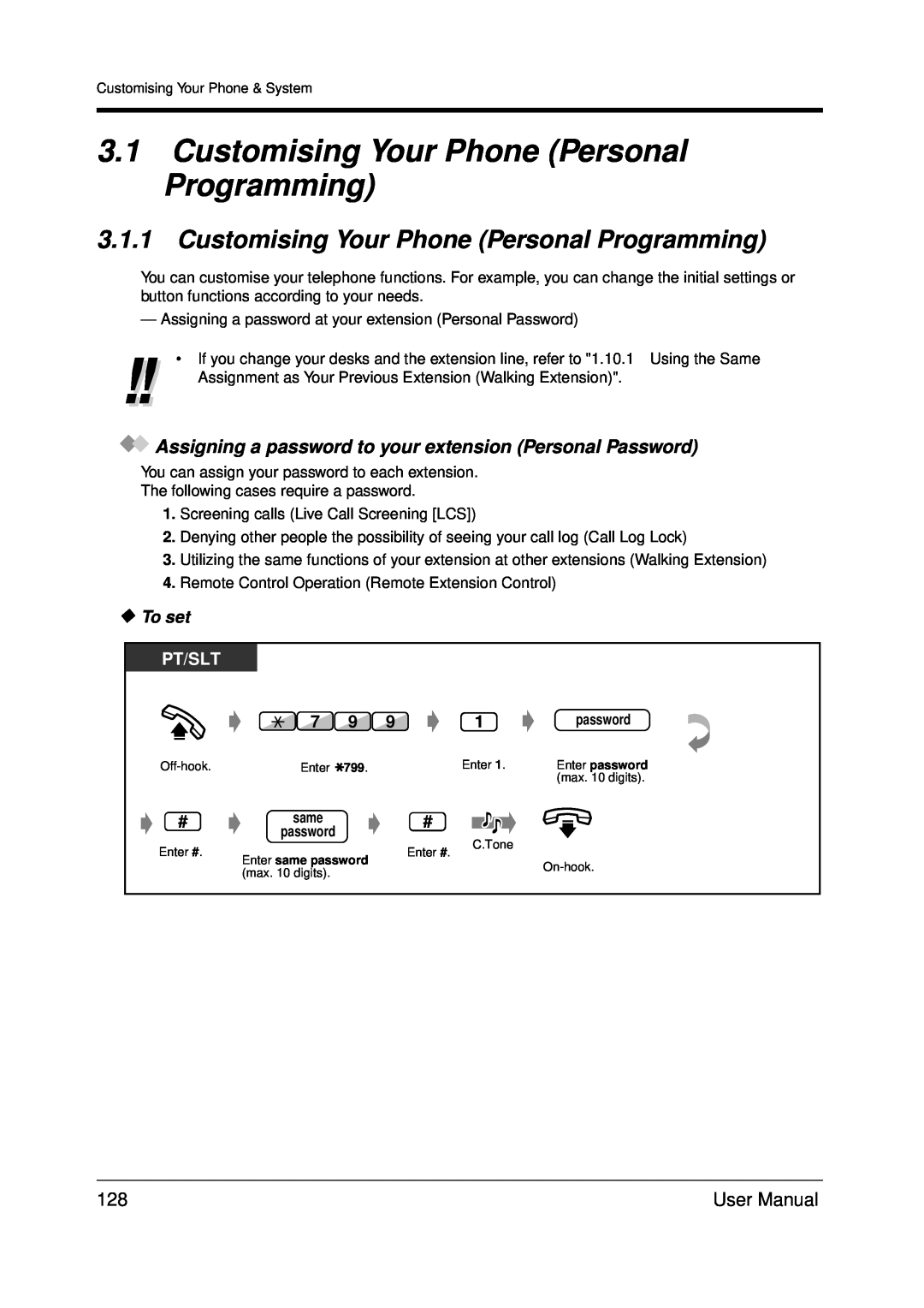 Panasonic KX-TDA200 user manual 3.1Customising Your Phone Personal Programming, To set, Pt/Slt, password 