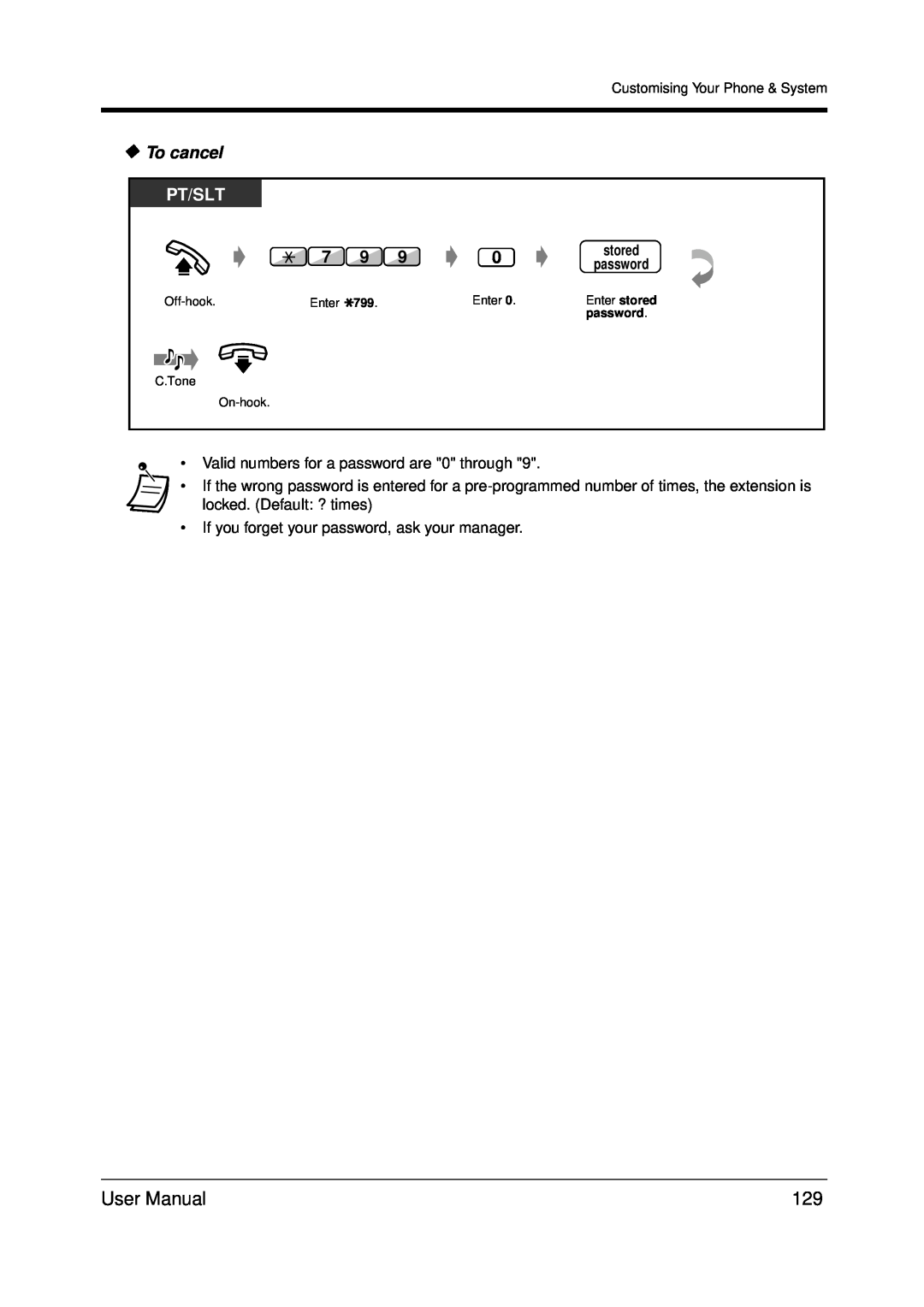 Panasonic KX-TDA200 user manual To cancel, Pt/Slt, password, stored 