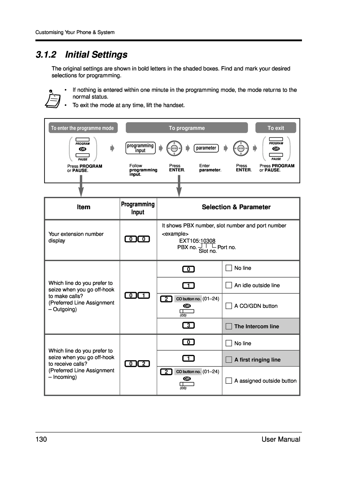Panasonic KX-TDA200 user manual 3.1.2Initial Settings, To programme, The Intercom line, A first ringing line 