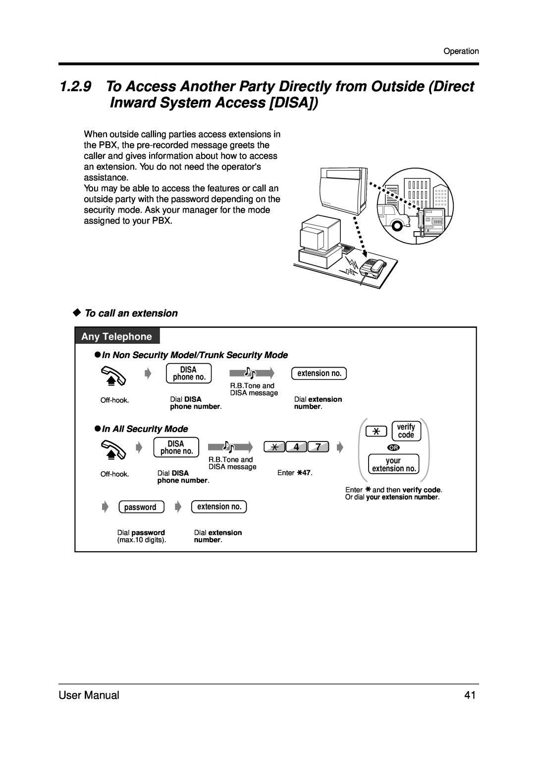 Panasonic KX-TDA200 user manual To call an extension, Any Telephone, Disa, extension no, phone no 