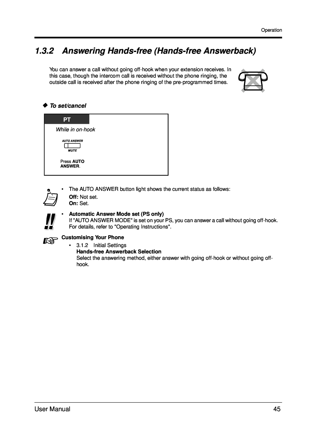 Panasonic KX-TDA200 user manual 1.3.2Answering Hands-free Hands-freeAnswerback, To set/cancel, While in on-hook 