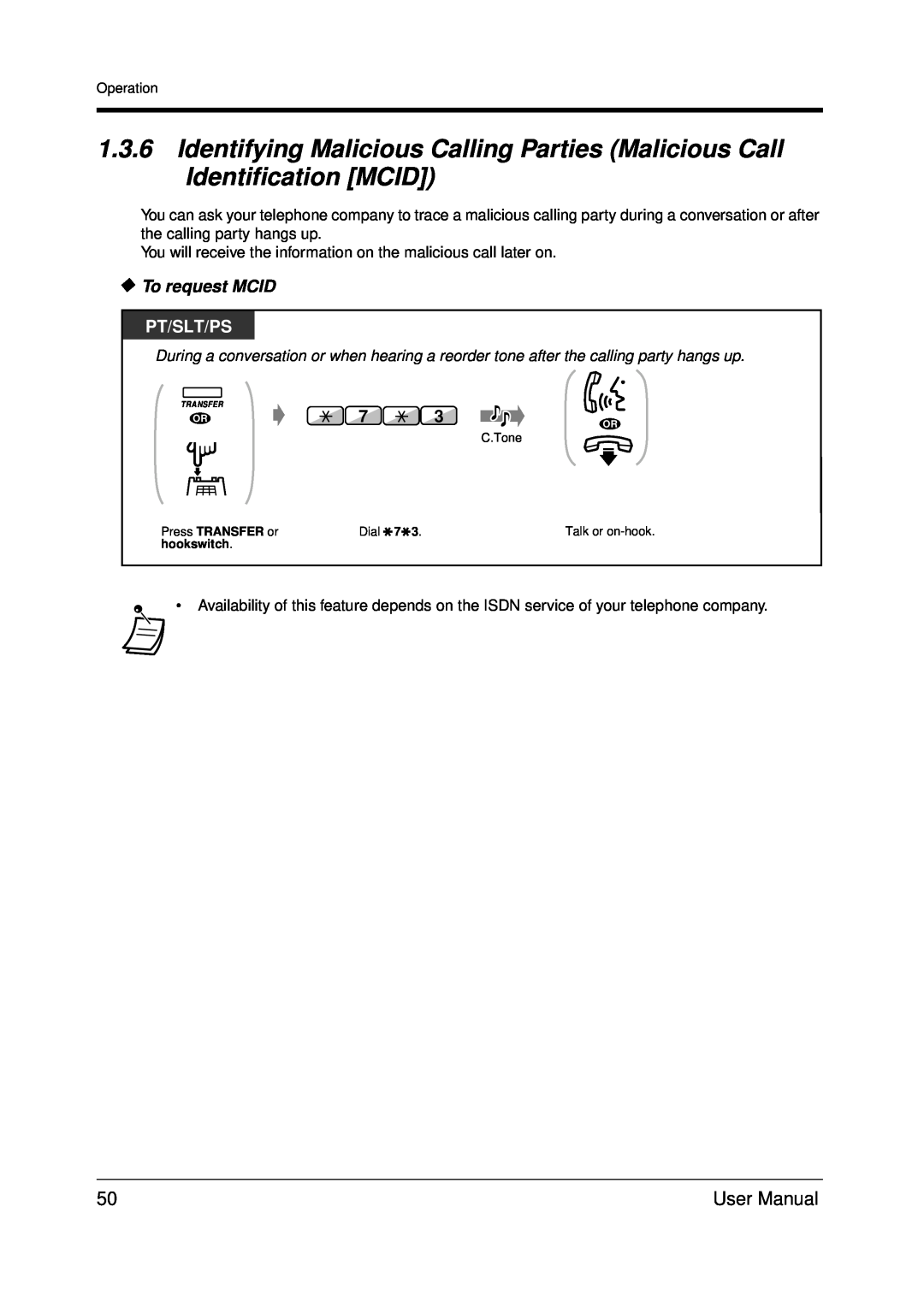 Panasonic KX-TDA200 user manual To request MCID, Pt/Slt/Ps 