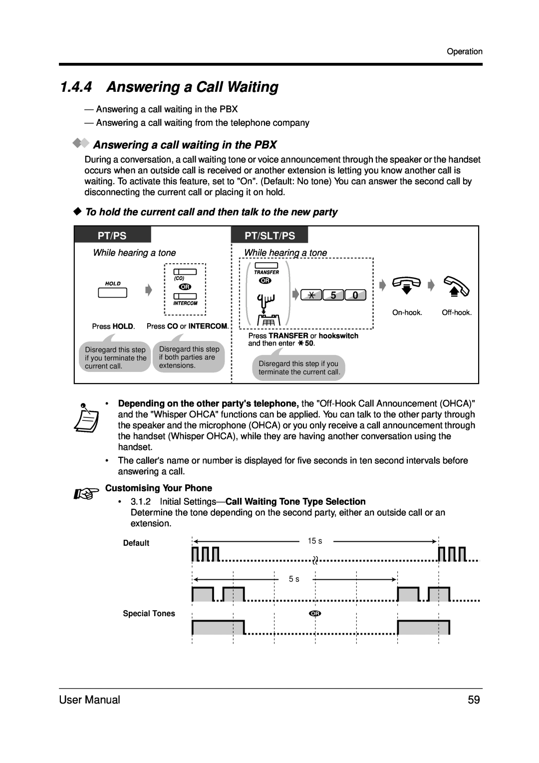 Panasonic KX-TDA200 user manual 1.4.4Answering a Call Waiting, Answering a call waiting in the PBX, Pt/Ps, Pt/Slt/Ps 