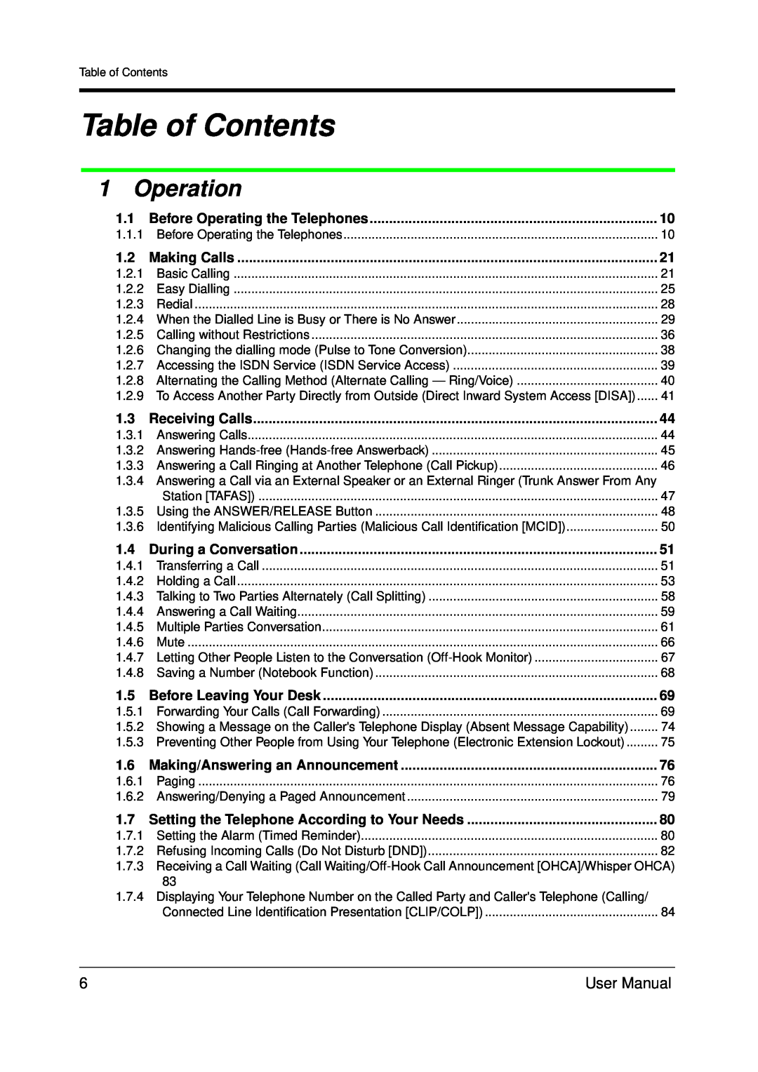 Panasonic KX-TDA200 user manual Table of Contents, Operation 