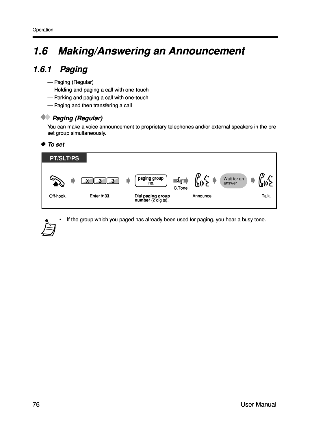 Panasonic KX-TDA200 user manual 1.6Making/Answering an Announcement, 1.6.1Paging, Paging Regular, To set, Pt/Slt/Ps 