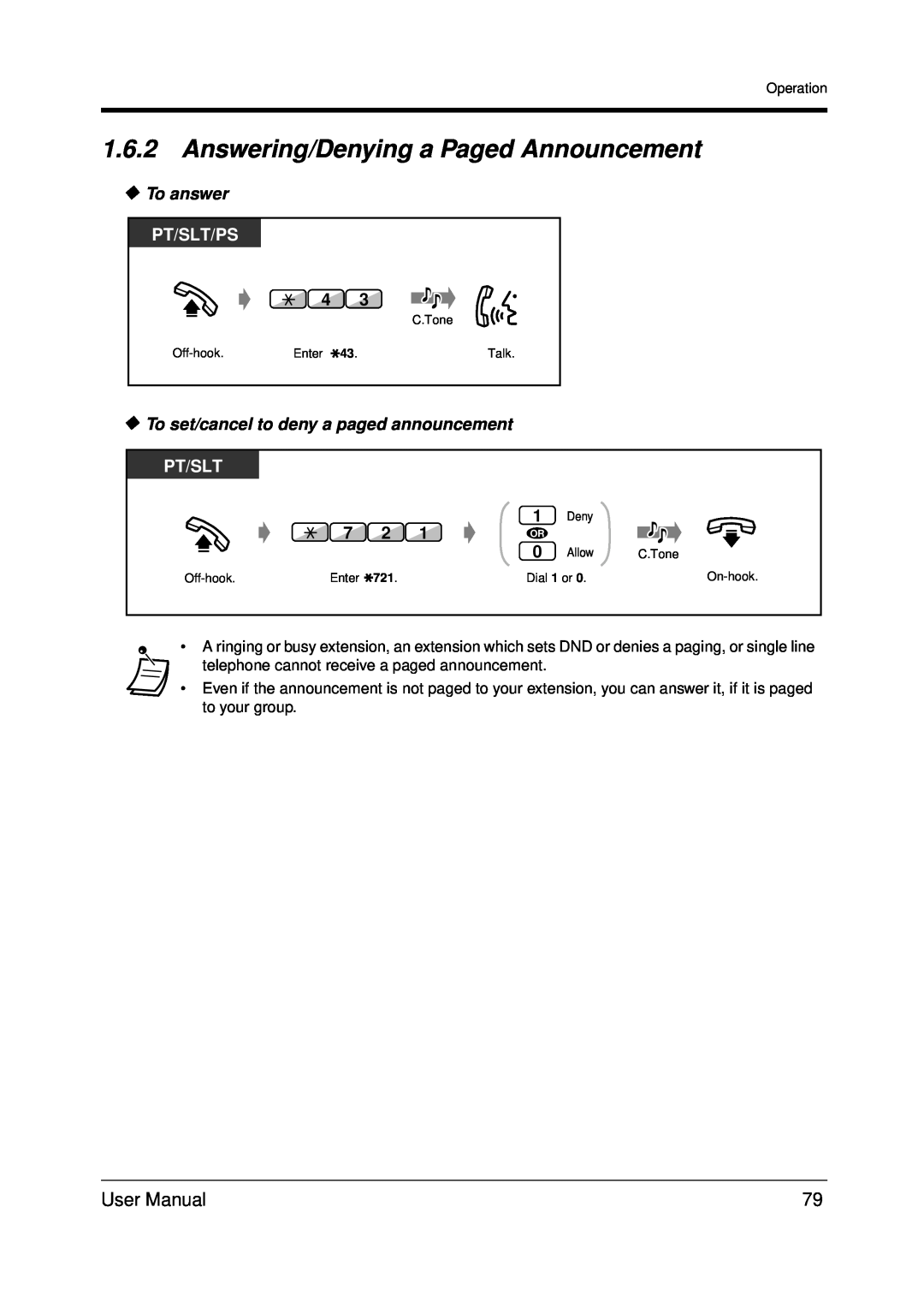 Panasonic KX-TDA200 user manual 1.6.2Answering/Denying a Paged Announcement, To answer, Pt/Slt/Ps 