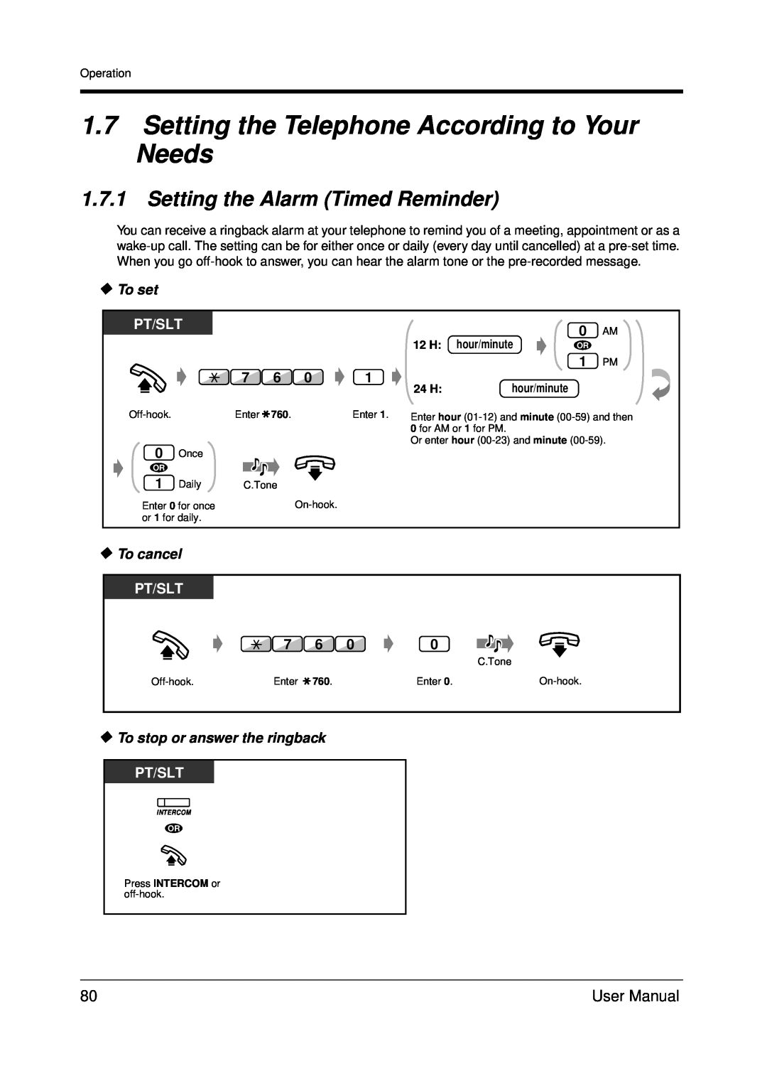 Panasonic KX-TDA200 1.7Setting the Telephone According to Your Needs, 1.7.1Setting the Alarm Timed Reminder, To set 