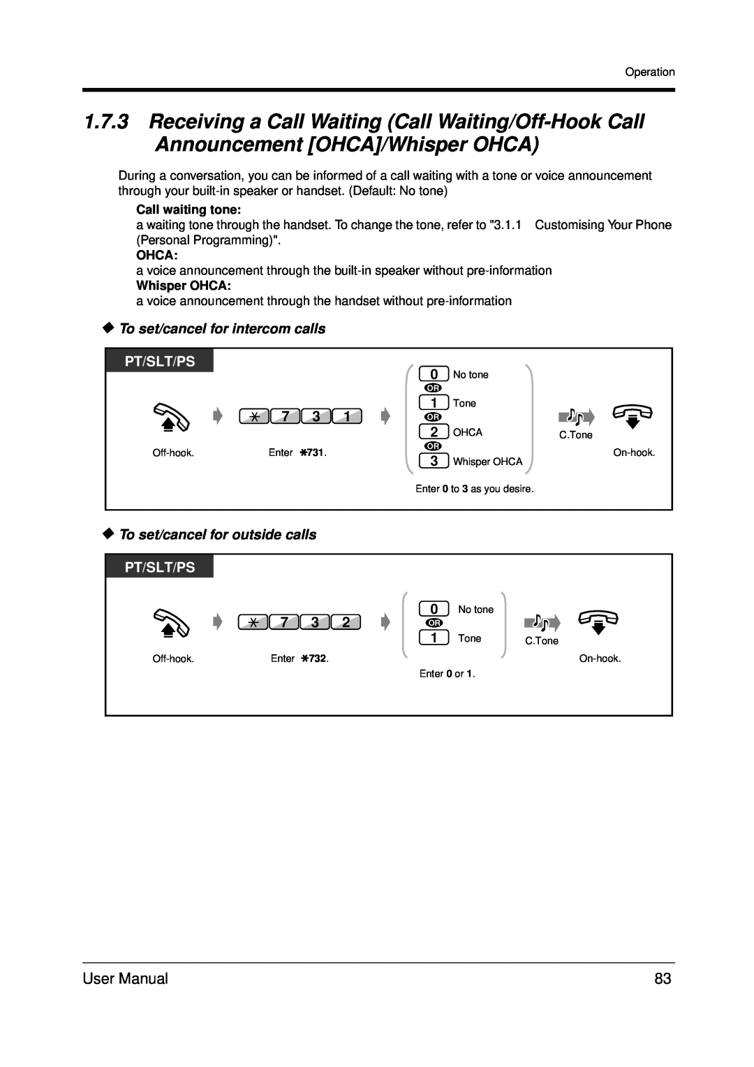 Panasonic KX-TDA200 user manual To set/cancel for intercom calls, Pt/Slt/Ps, To set/cancel for outside calls 