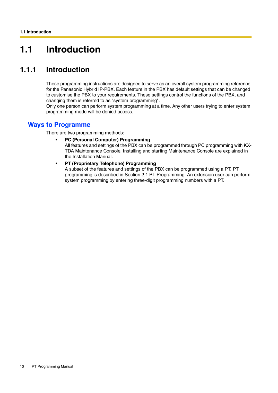 Panasonic KX-TDA30 Introduction, Ways to Programme, PC Personal Computer Programming, PT Proprietary Telephone Programming 