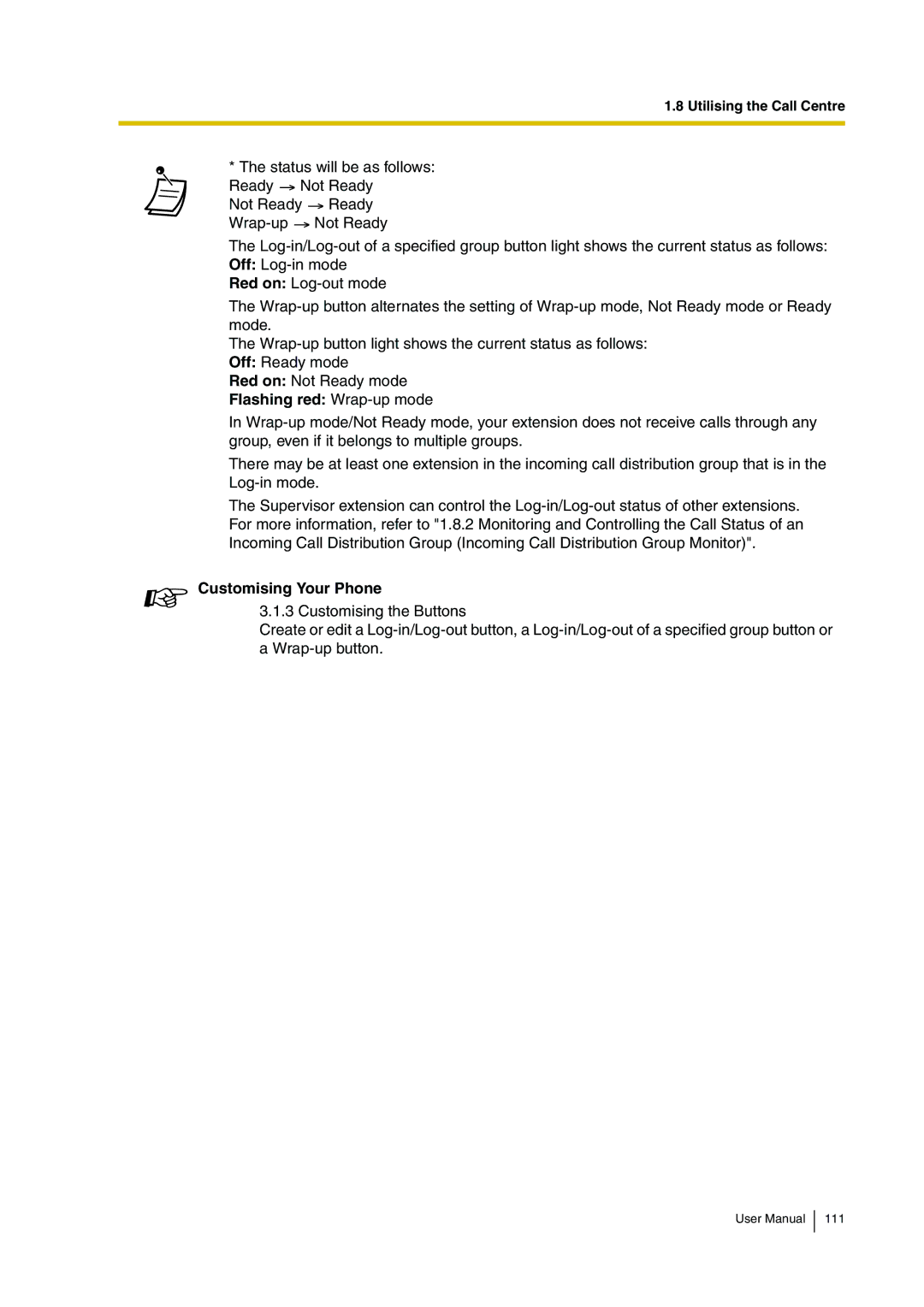 Panasonic KX-TDA30 user manual Flashing red Wrap-up mode, Customising Your Phone 