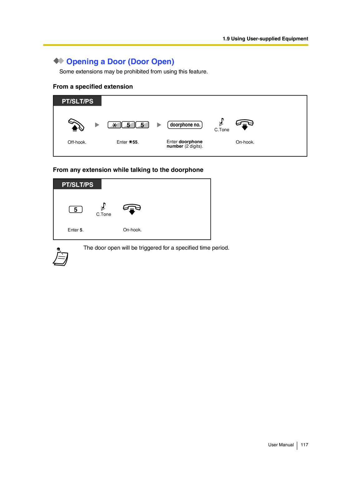 Panasonic KX-TDA30 Opening a Door Door Open, From a specified extension, From any extension while talking to the doorphone 