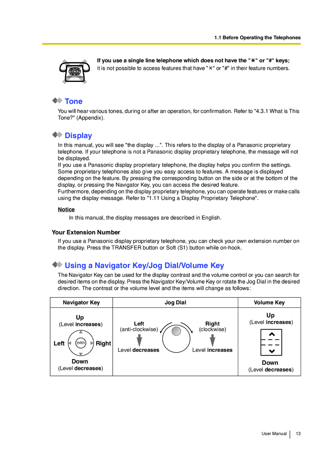 Panasonic KX-TDA30 user manual Tone, Display, Using a Navigator Key/Jog Dial/Volume Key, Your Extension Number 