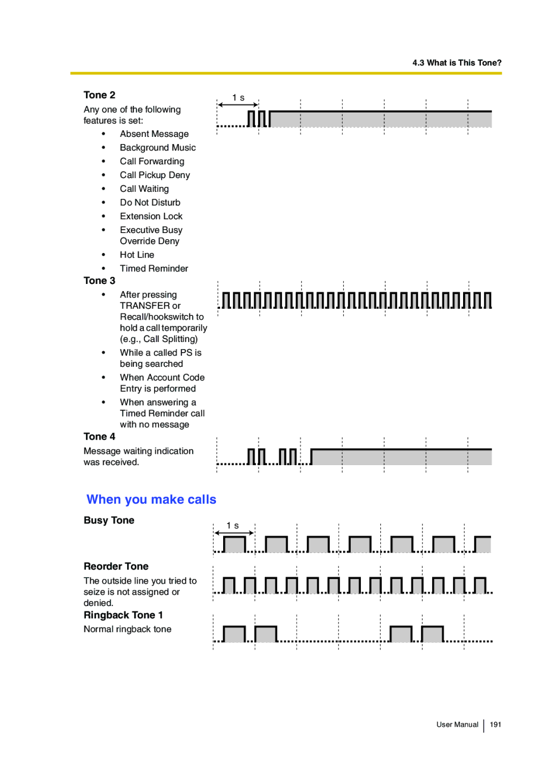 Panasonic KX-TDA30 user manual When you make calls, Busy Tone Reorder Tone, Ringback Tone 