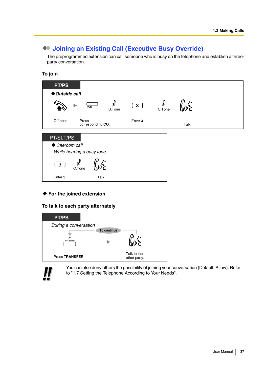 Panasonic KX-TDA30 user manual Joining an Existing Call Executive Busy Override, To join, Outside call, Intercom call 