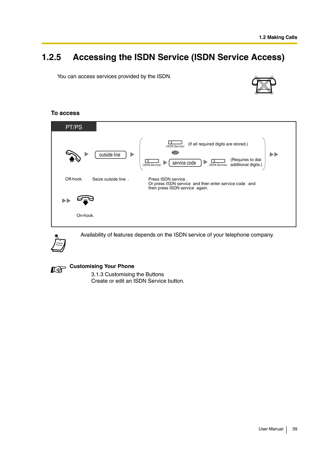 Panasonic KX-TDA30 user manual Accessing the Isdn Service Isdn Service Access, To access, Outside line, Service code 